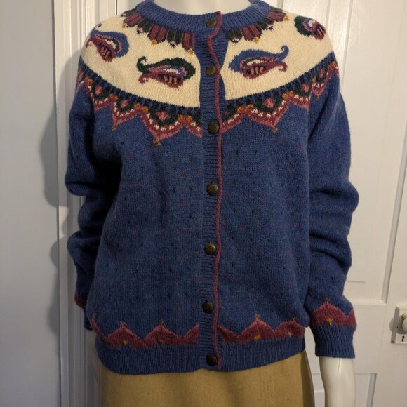 Handmade Knitted Cardigan - purple/blue with white and paisley design - Picture 4 of 9